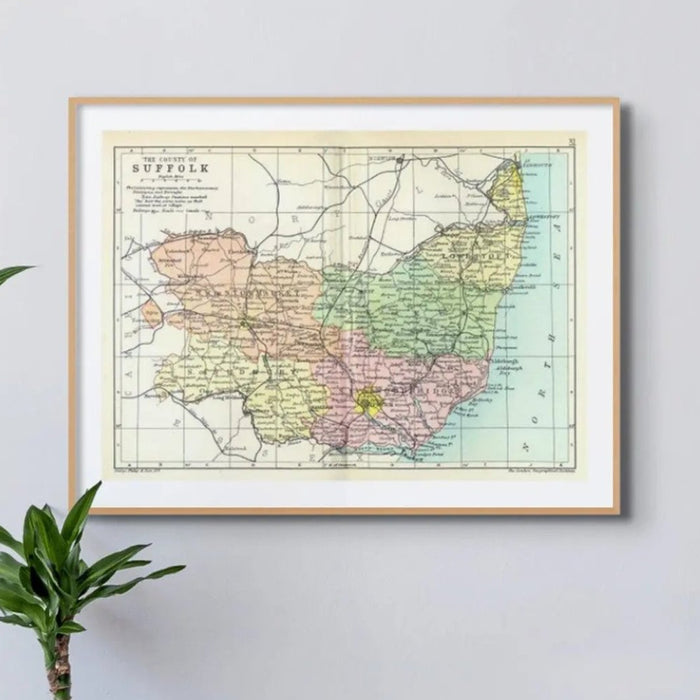 Vintage Map Print of Suffolk | Old Suffolk Map Print