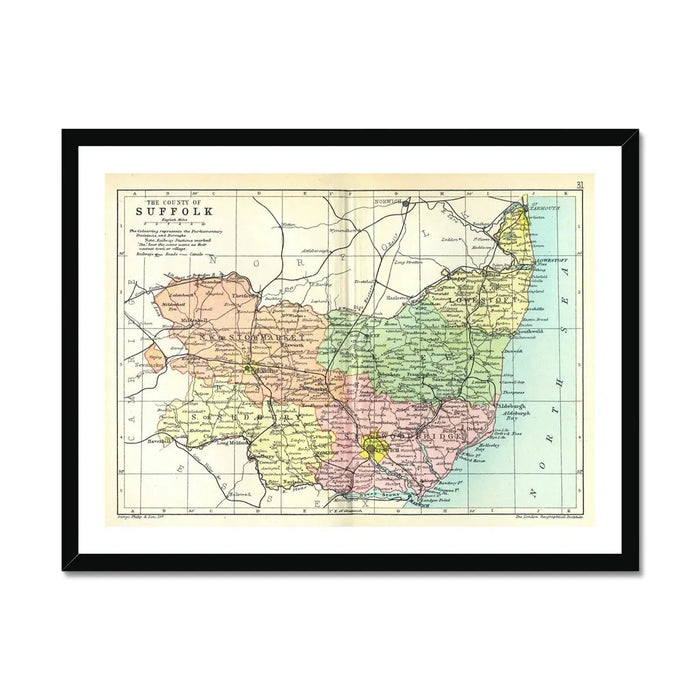 Vintage Map Print of Suffolk | Old and Colourful Suffolk Map Print - Framed Wall Art