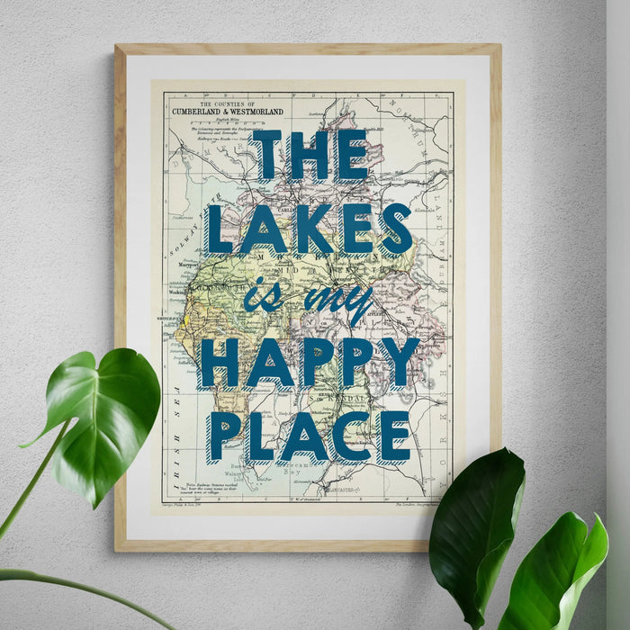 The Lakes are my Happy Place (Lake District Map) Vintage Map Art - Framed - Beach House Art
