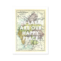 A vintage Lake District map print featuring the Lake District with overlay text 'The Lakes Are Our Happy Place'.