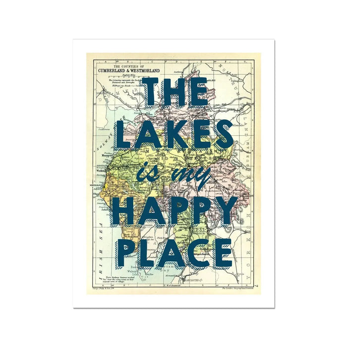 A framed art print featuring a vintage map of the Lake District with the text 'The Lakes is my Happy Place' overlayed on top.