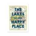 A framed art print featuring a vintage map of the Lake District with the text 'The Lakes is my Happy Place' overlayed on top.