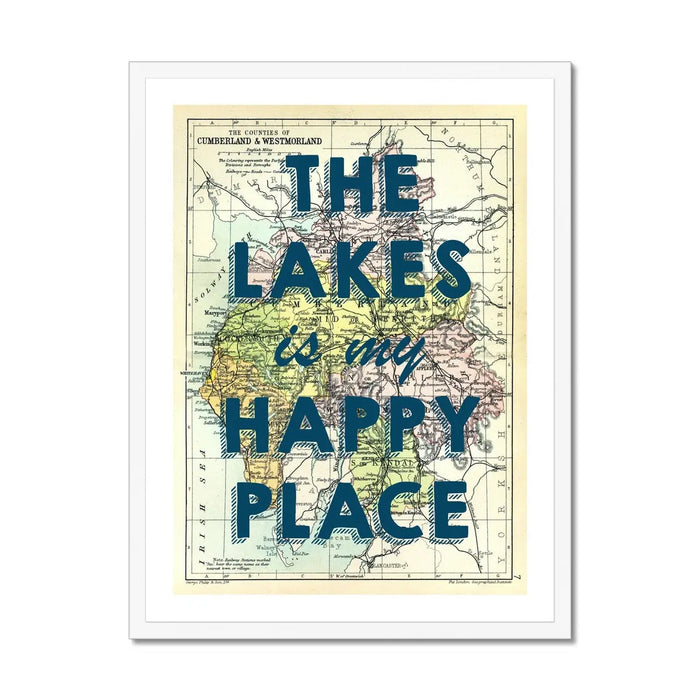 Framed vintage Lakes map print with the text 'The Lakes is my Happy Place' overlayed on a map of the Lake District.