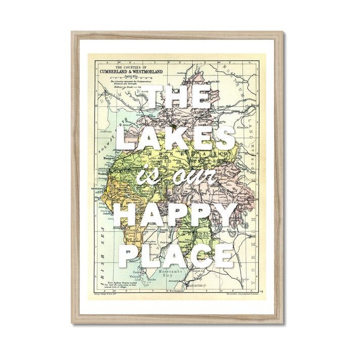 Vintage map print of the Lake District with the text 'The Lakes is our Happy Place' overlayed on top.