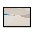 Framed abstract art piece with beige, brown, and blue tones on a white background