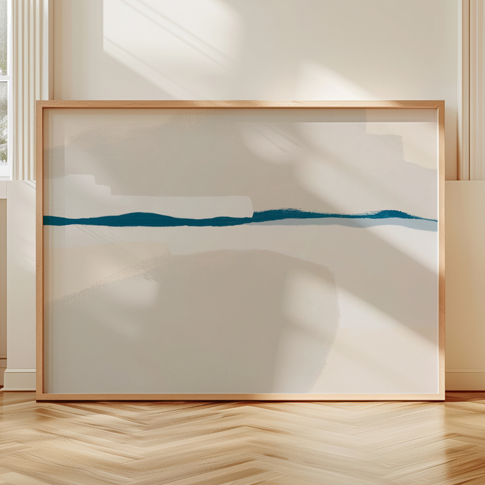 Framed abstract artwork with a minimalistic design on a wall.