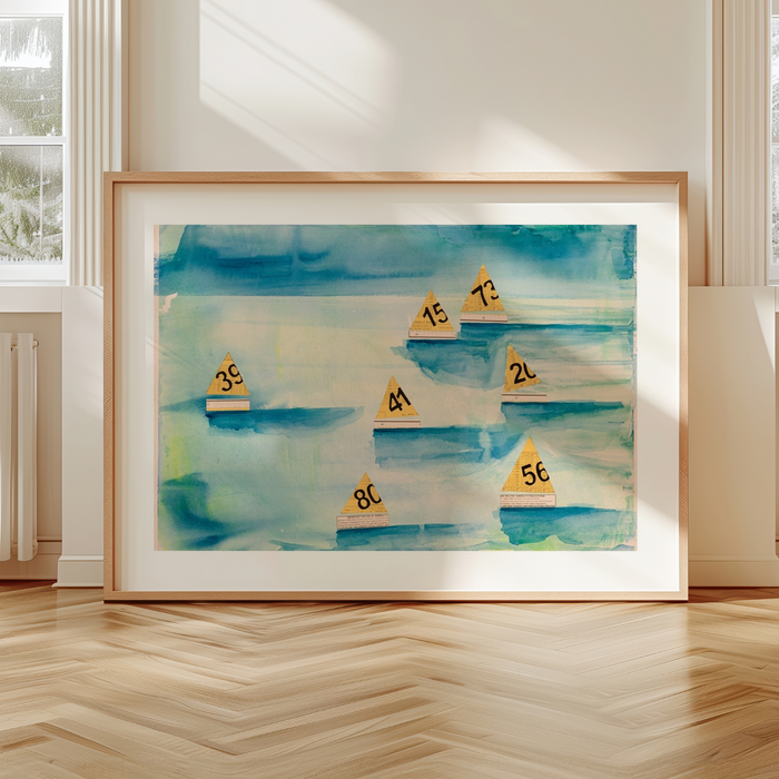 Mixed media sailing regatta artwork with boats featuring vintage map sails on a blue watercolour sea, coastal wall art print in living room