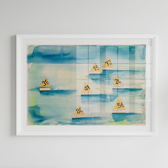Framed sailing boat art print featuring a watercolour painting of sailboats with numbered tags, set against a blue and green textured background.