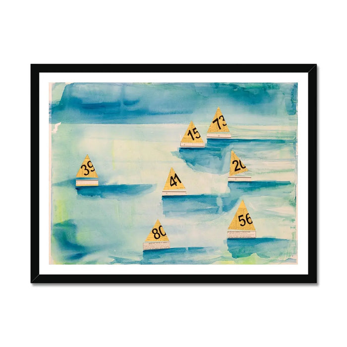 Framed art print featuring a watercolour painting of sailboats with numbered tags, set against a blue and green textured background.