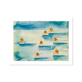 A modern coastal art print featuring a watercolour depiction of sailboats with a collage of repurposed travel maps overlay, titled 'The Regatta'.