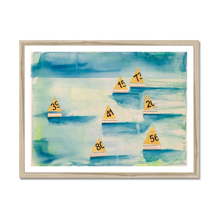 Framed art print featuring a watercolour painting of sailboats with numbered tags, set against a blue and green textured background.