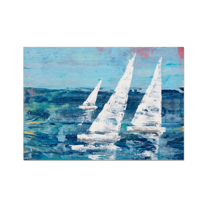 Three white sails sailing boat art print, abstract coastal painting in blue tones