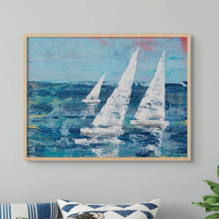 Abstract sailing boat art print with three white sails on blue water, textured coastal painting