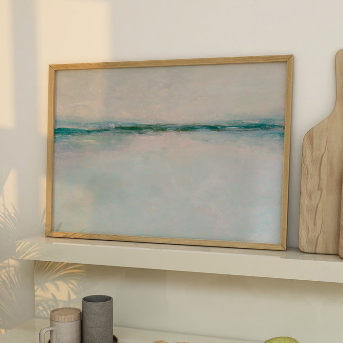 modern sea painting on shelf in kitchen.