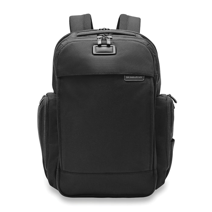 Black Briggs & Riley Baseline 2 travel backpack with multiple compartments and padded straps for comfort.