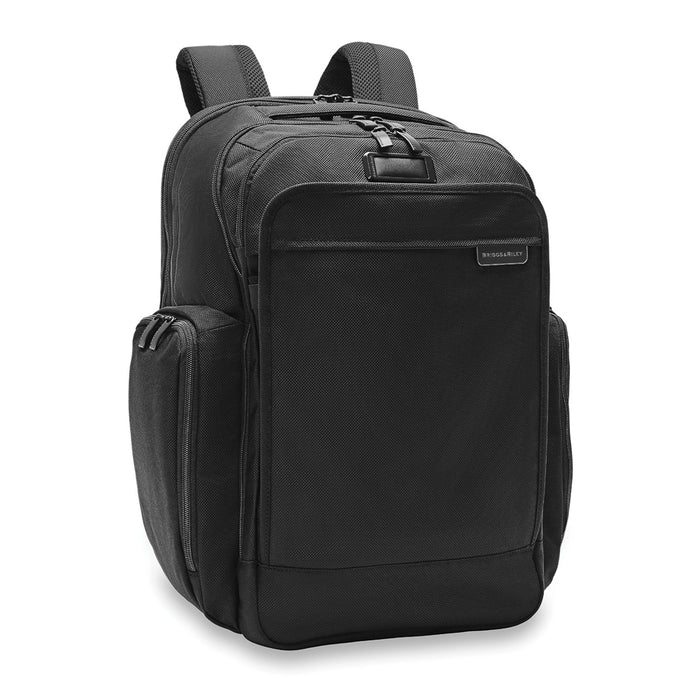 Black Briggs & Riley Baseline 2 travel backpack with multiple compartments and padded straps for comfort.