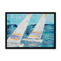Framed abstract painting featuring two white sailboats on a blue water background.