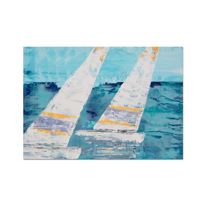 An abstract painting featuring two white sailboats on a blue water background.