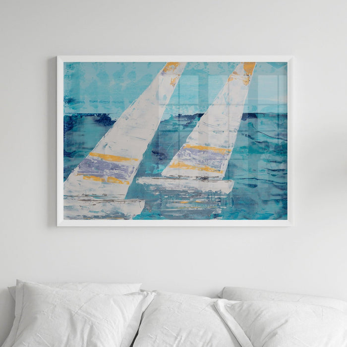 An abstract painting of two white sailing boats framed on wall above bed.