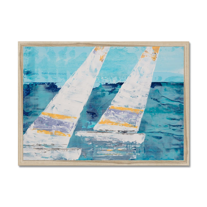 An abstract painting of two white sailing boats framed with wooden frame.