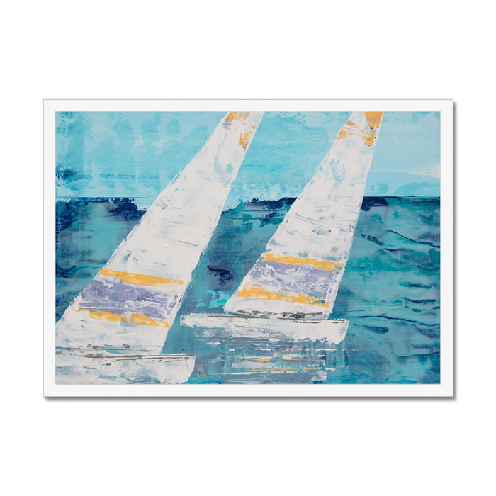 Framed abstract painting featuring two white sailboats on a blue water background.