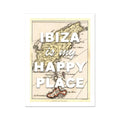 A vintage map print of Ibiza with the text 'IBIZA is my HAPPY PLACE' overlayed in white typography.