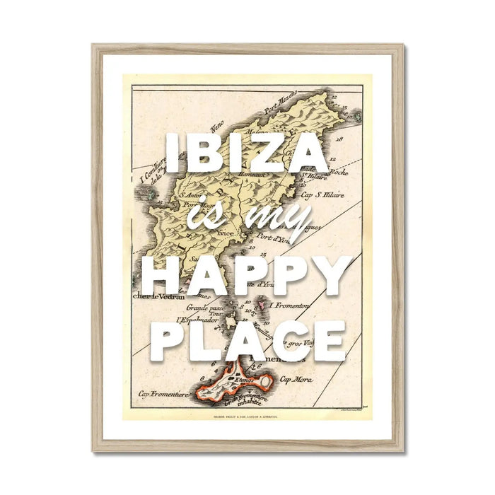 Framed map print of Ibiza with the text 'IBIZA is my HAPPY PLACE' overlayed on the map.