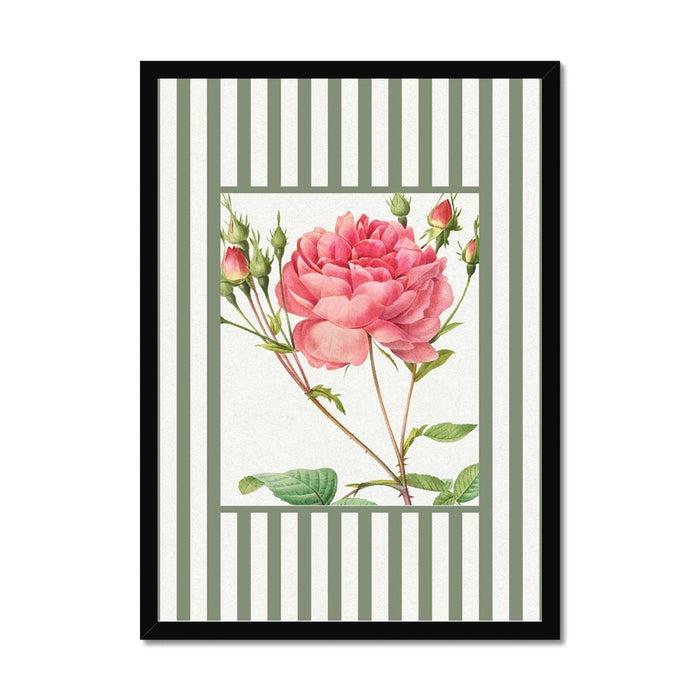 Framed artwork of a pink rose with green striped background