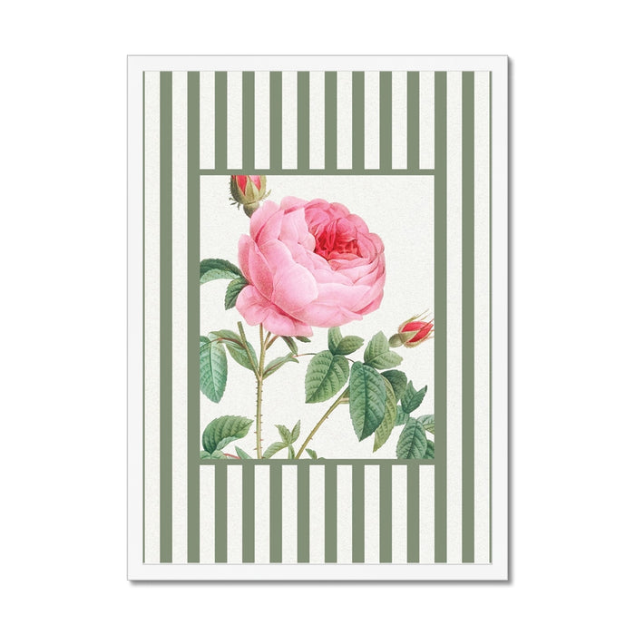 Framed artwork with a pink rose and green leaves on a striped background