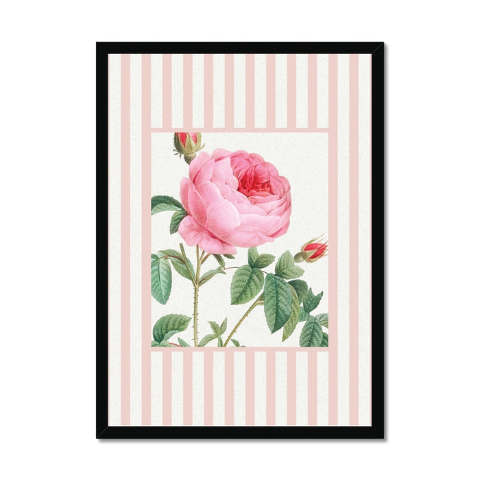 Framed artwork with a pink rose on a striped background