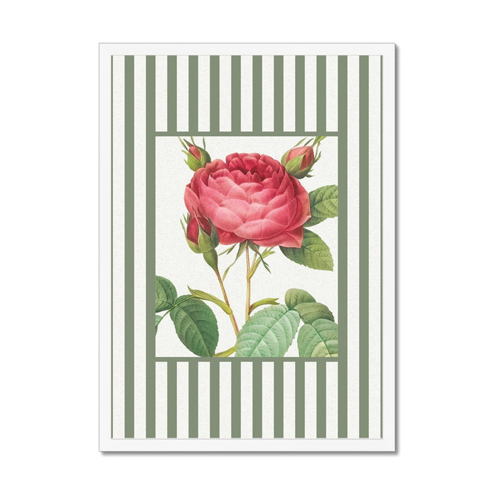 Framed artwork with a pink rose and green leaves on a striped background