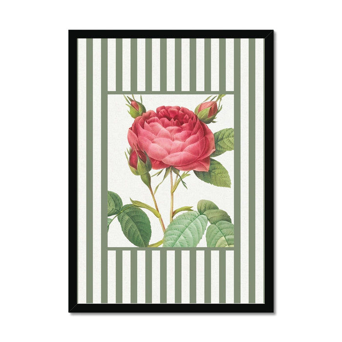 Framed artwork with a pink rose and green leaves on a striped background