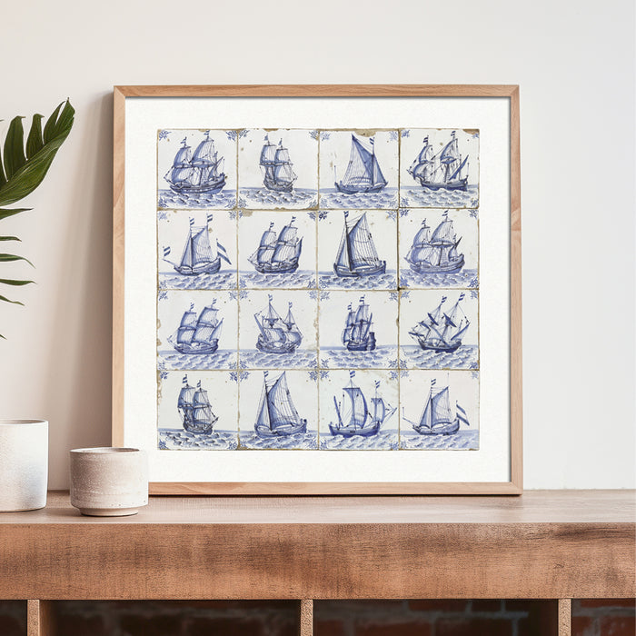 Vintage Ship Art | Vintage Delft-style Ship Tile Print - Framed