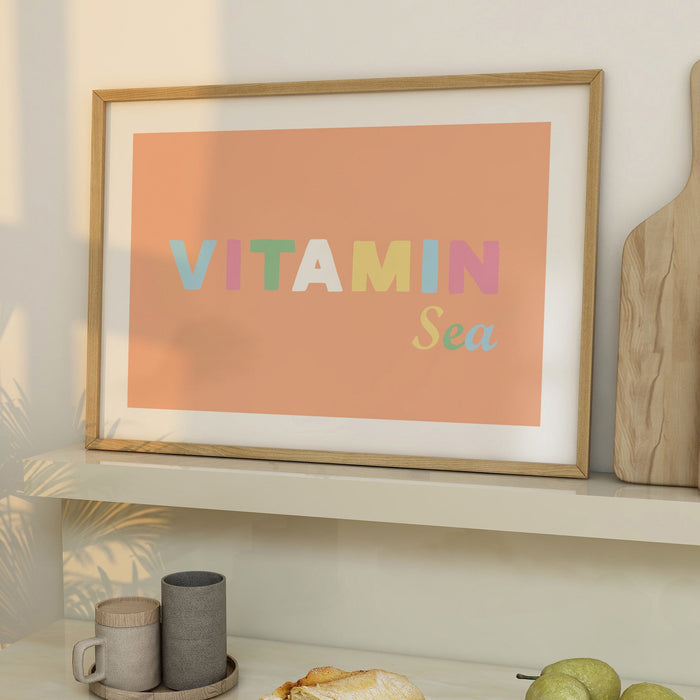 Vitamin Sea | Typography Art Print | Peach Fuzz Edition - Unframed Beach House Art - Vintage bird paintings