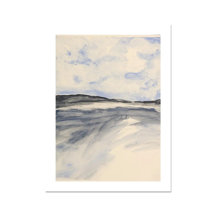 A framed watercolour painting of a coastal beach scene with low tide exposure.