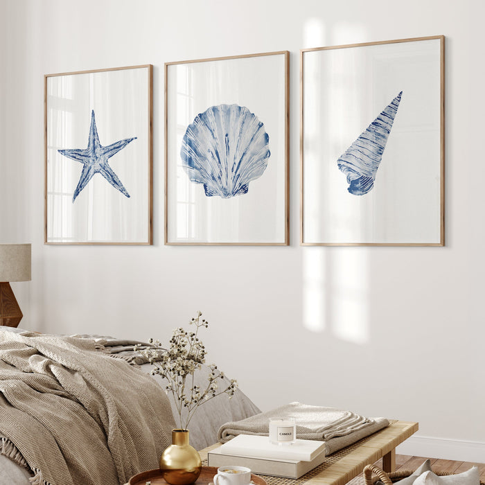 A set of three shell prints on wall in boho bedroom.