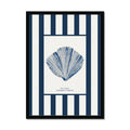 Framed artwork of a blue shell on a white background with navy stripes