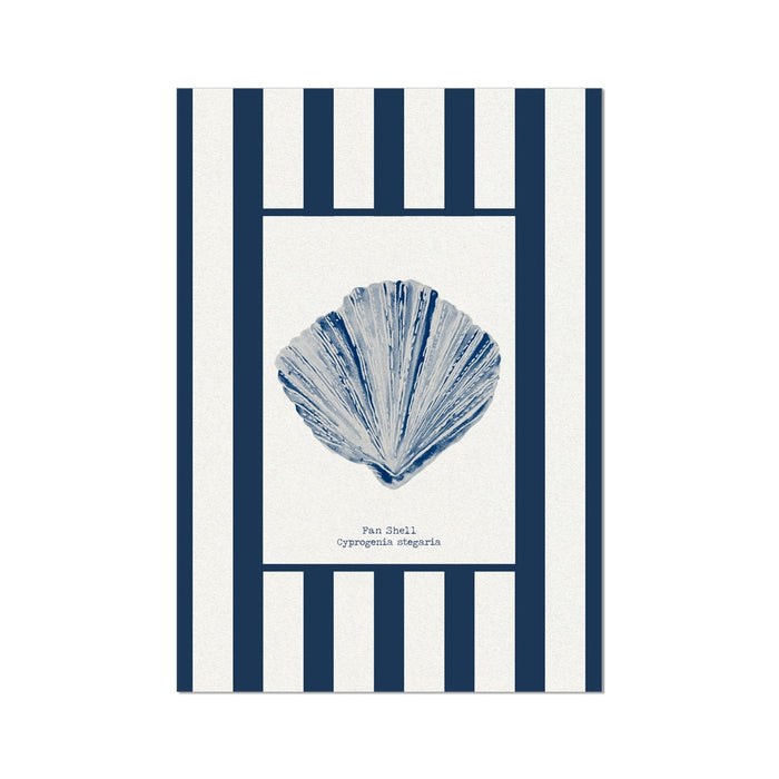 Nautical-themed product with blue shell print on a white background with navy stripes