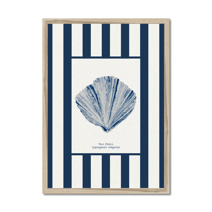 Framed artwork with a blue shell illustration on a striped background