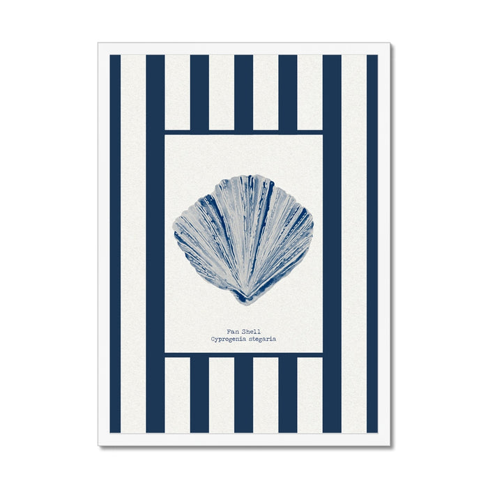Framed artwork with a blue shell illustration on a white background with navy stripes