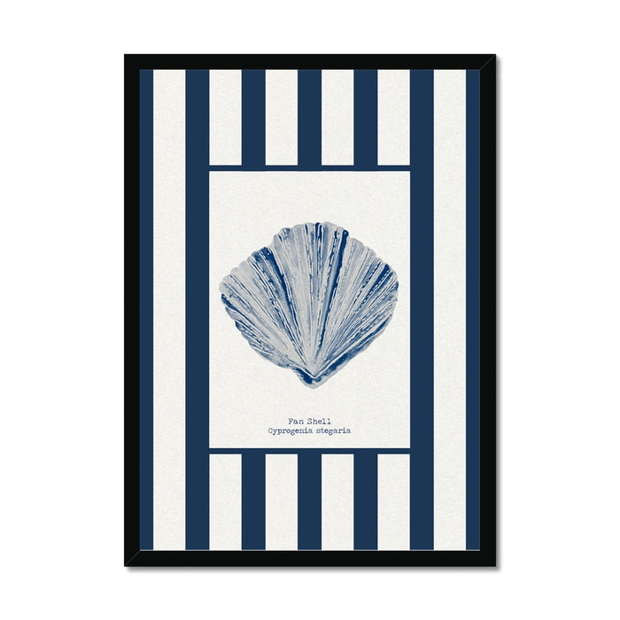 Framed artwork of a blue shell on a white background with navy stripes