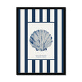 Framed artwork with a blue shell illustration on a white background with blue stripes