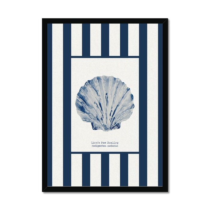 Framed artwork with a blue shell illustration on a white background with blue stripes