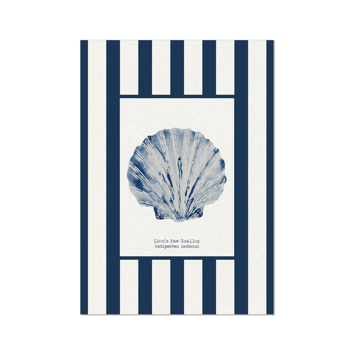 Shell art print with blue and white shell design on a striped background