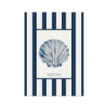 Shell art print with blue and white shell design on a striped background