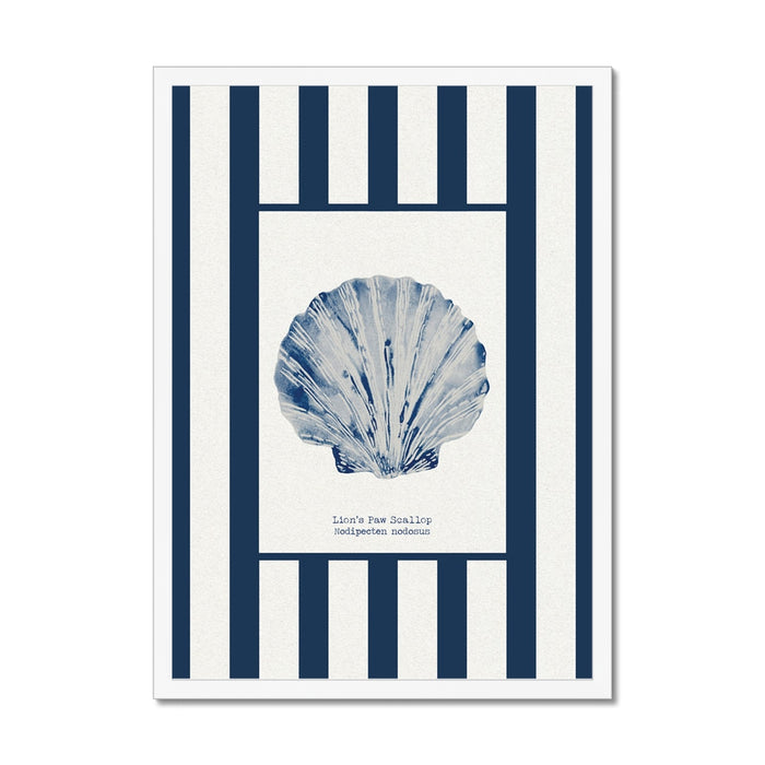 Framed artwork with a blue shell illustration on a white background with navy stripes