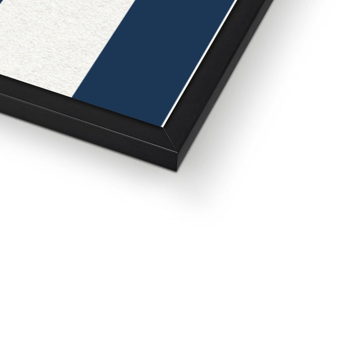 Framed artwork with a blue stripe on a white background