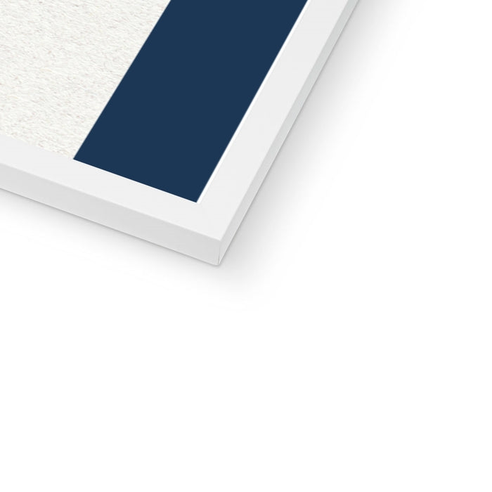 Framed artwork on a white background with blue stripes.