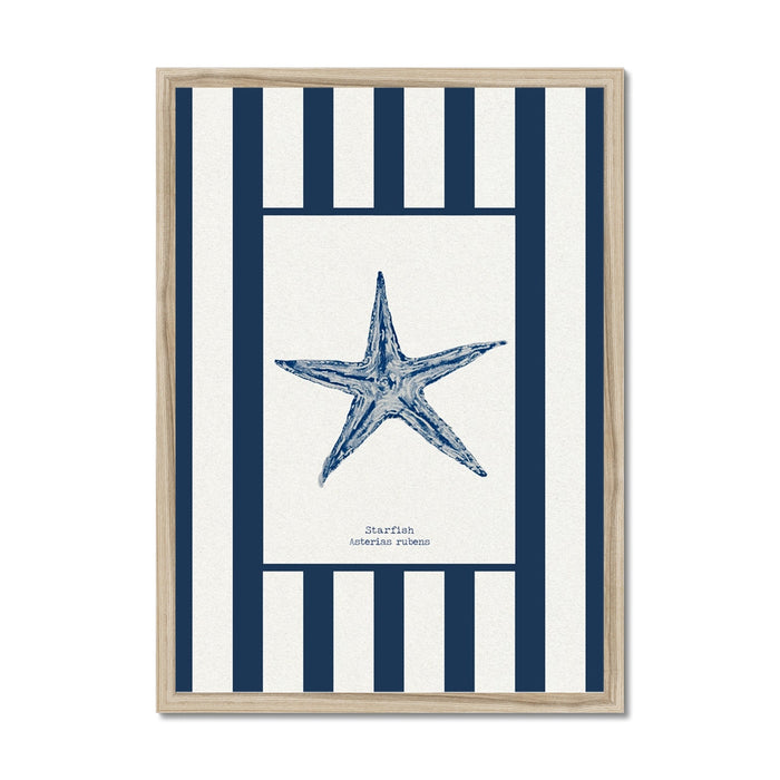 Framed artwork with a blue starfish design on a striped background