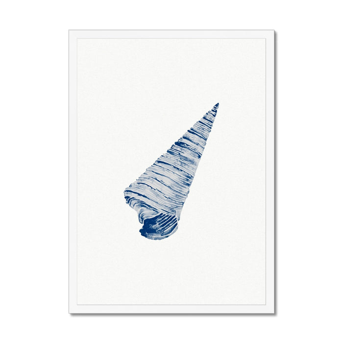 Framed watercolour art print of a blue cone shell on a white background, enclosed in a simple white frame.
